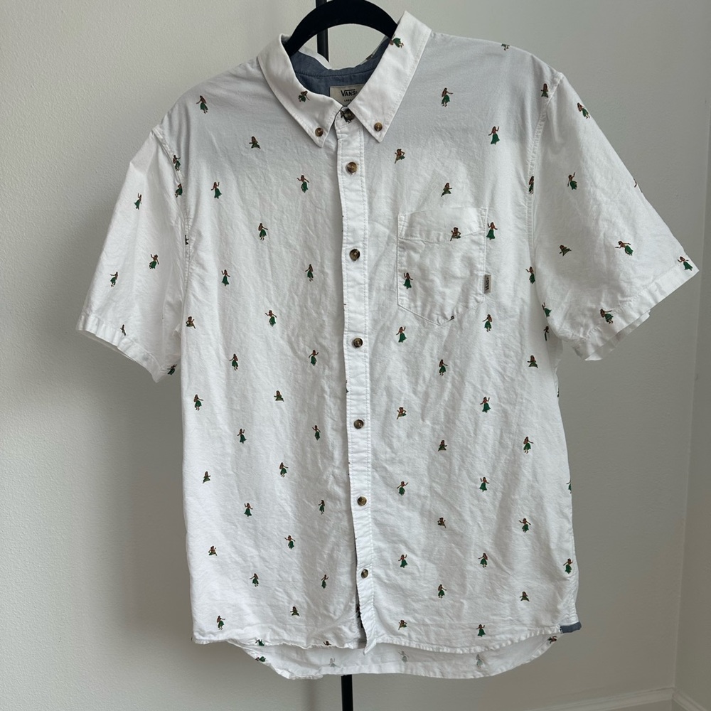 Vans White Button Down Shirt with hula girl pattern - Large